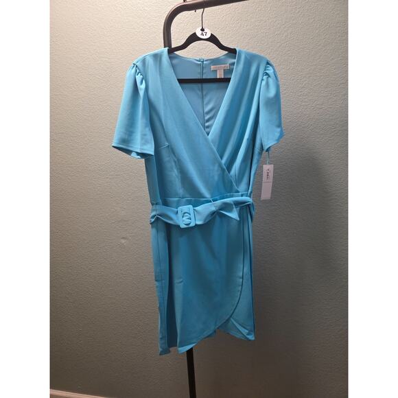 London Times Dresses & Skirts - London Times Dress Size 16 Blue Atoll Faux Wrap Belted Puff Sleeve Knee Length
